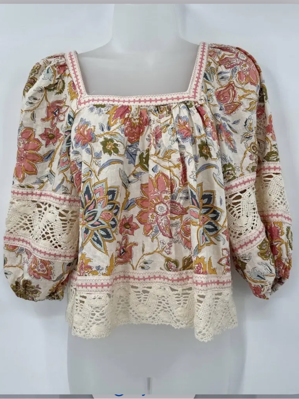 Christian Siriano Floral Square-Neck Blouse - White, Pink, Yellow, Green, Purple